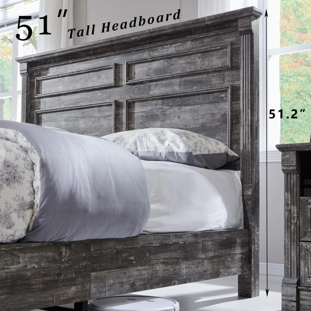 Queen Size Bed Frame with 51" Tall Headboard, Wood Platform Bed Frame