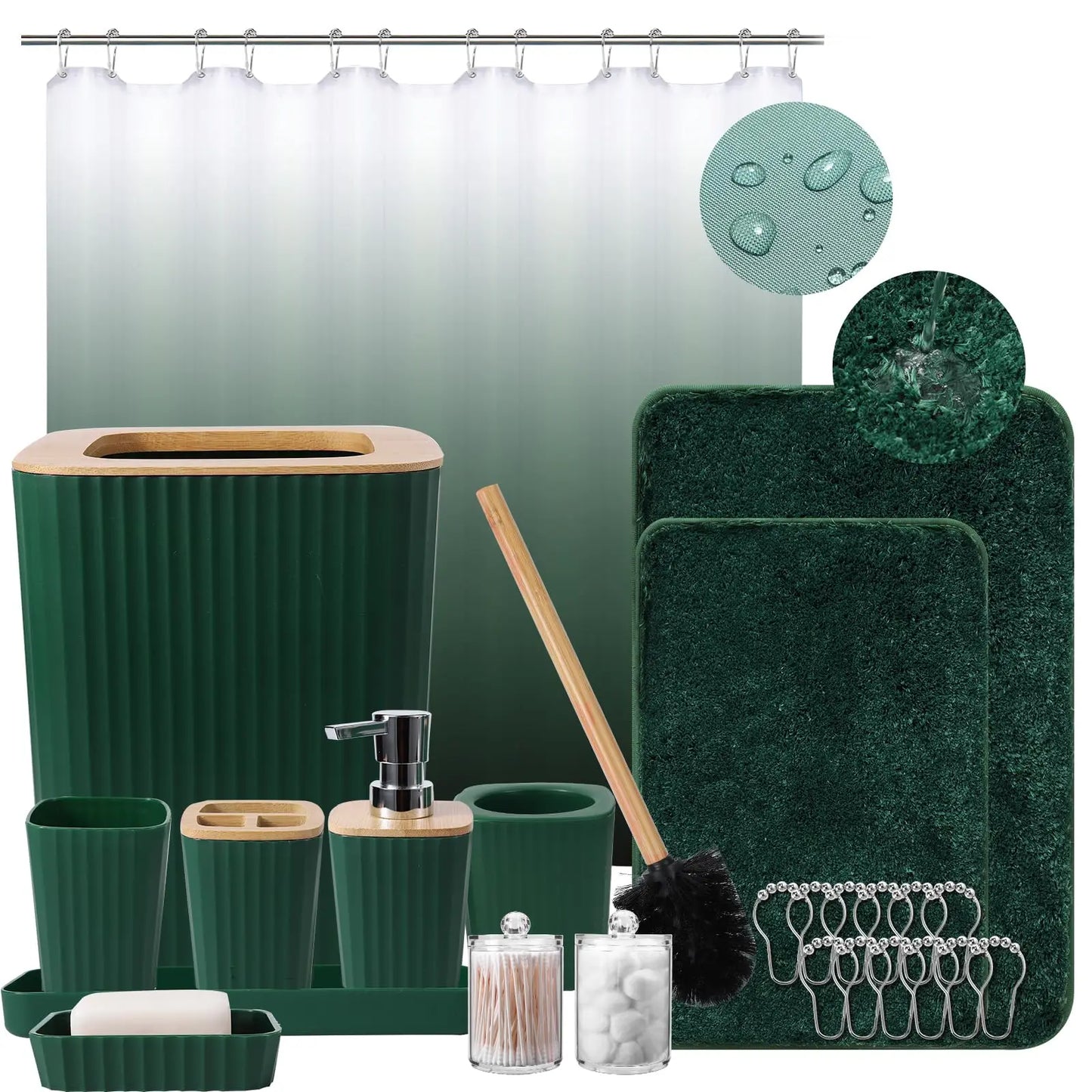 Dark Green Bathroom Accessories Set with Ombre Shower Curtain and Bathroom Rugs,Bathroom Sets with Trash Can