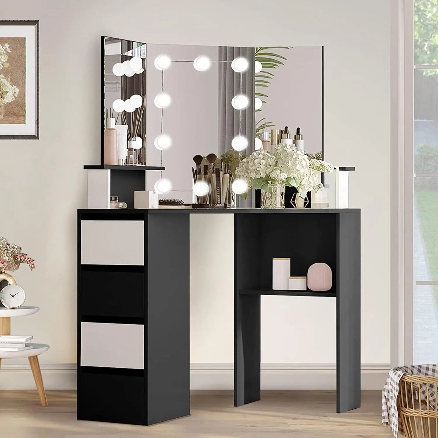 Vanity, 42 Inch Corner Vanity Mirror with Lights and 4 Drawer, 3 Lighting Modes, Corner Desk with Lighted Mirror & Power Strip