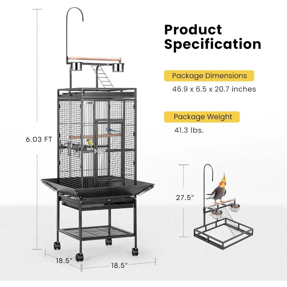 72 Inch Wrought Iron Large Bird Cage with Play Top and Stand for Parrots Lovebird