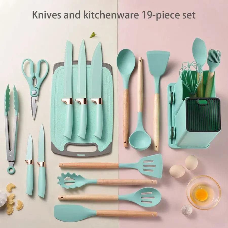 19pcs Food Grade Silicone Brodark Kitchenware Set, Cooking Spoon, Shovel, Cutting Board knives