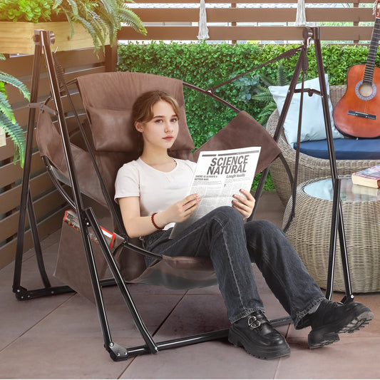 3 in 1 Portable Hammock with Steel Stand,Foldable PU Leather Swing Chair,6-Level Standing Hamock