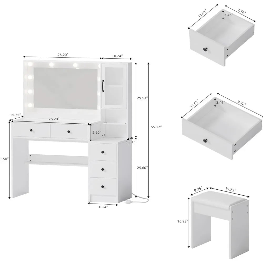 White Vanity Table with Drawer Dresser,Farmhouse Vanity Makeup Desk with Charging Station,