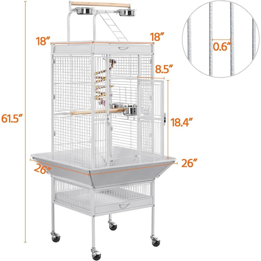 Wrought Iron Bird Cages, Play Top Large Aviary with Stand for Cockatiel Parrot Sun Parakeet Conures Finch, 61-inch