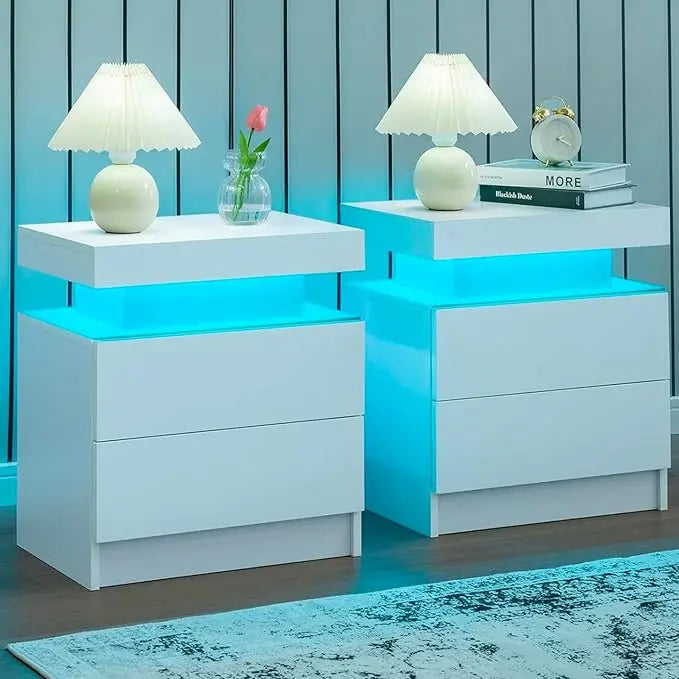 Nightstand Set of 2 LED Nightstand with 2 Drawers, Bedside Table with Drawers for Bedroom Furniture