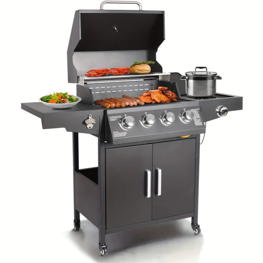 Propane Gas Grill 4 Burners With Side Burner Freestanding Grill Cart With Wheels