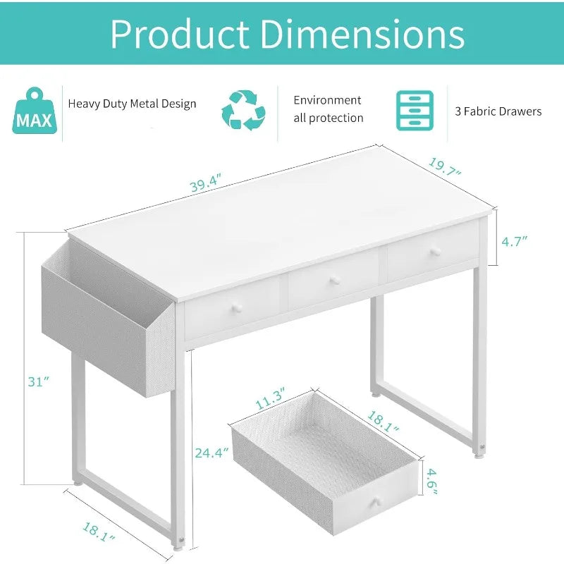 Computer Desk with Fabric Drawers for Home Office Bedroom, 40 Inch Vanity Desk