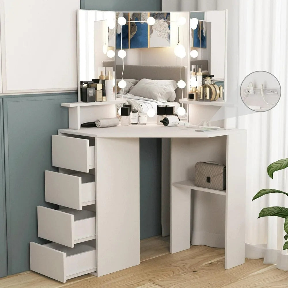 Vanity, 42 Inch Corner Vanity Mirror with Lights and 4 Drawer, 3 Lighting Modes, Corner Desk with Lighted Mirror & Power Strip