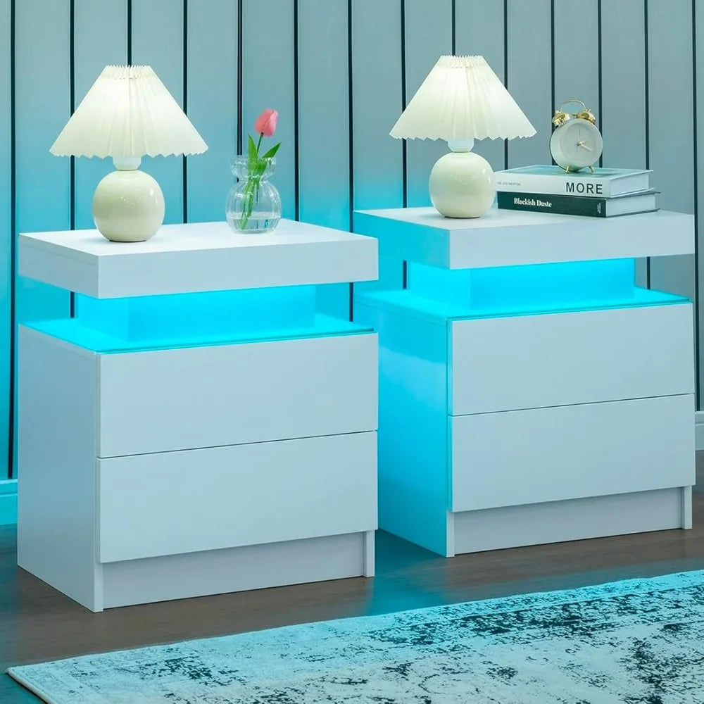 Nightstand Set of 2 LED Nightstand with 2 Drawers, Bedside Table with Drawers for Bedroom Furniture