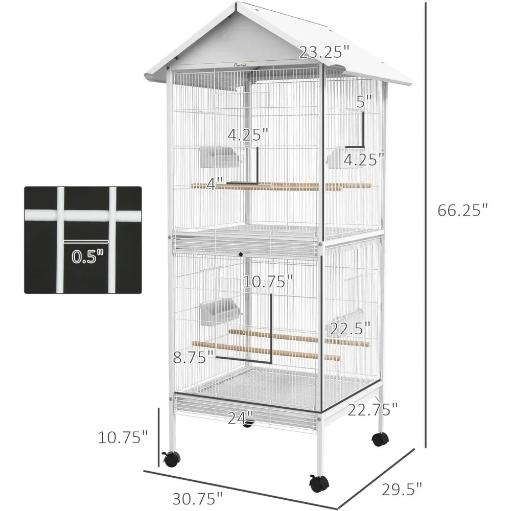 Wrought Metal Bird Cage Feeder with Rolling Stand Perches Food Containers