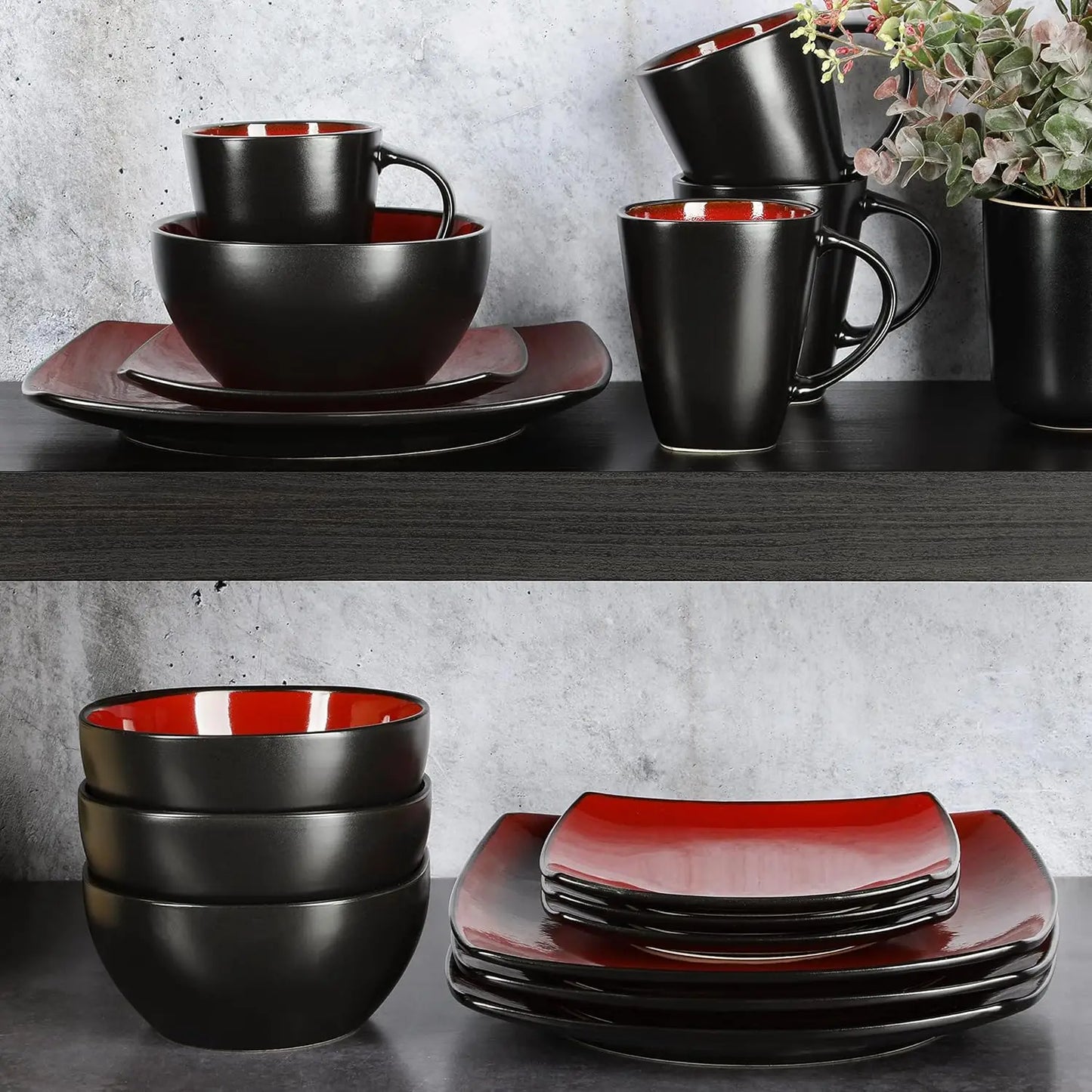 Gibson Soho Lounge Square Reactive Glaze Dinnerware Set, Red, Service for 4 (16pcs)