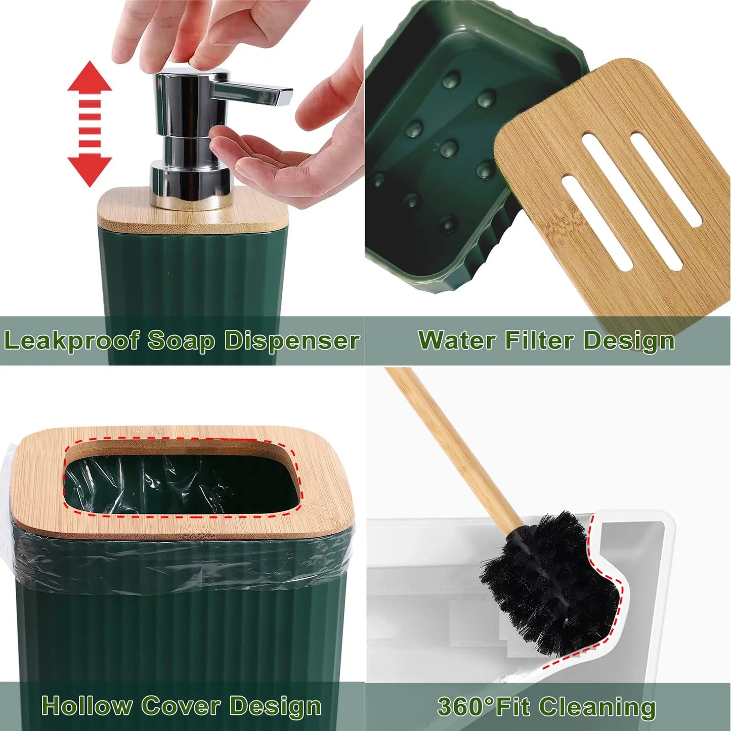 Dark Green Bathroom Accessories Set with Ombre Shower Curtain and Bathroom Rugs,Bathroom Sets with Trash Can