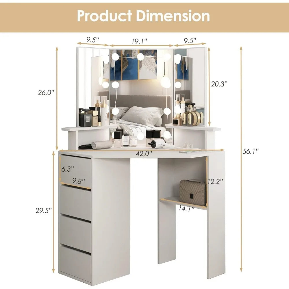 Vanity, 42 Inch Corner Vanity Mirror with Lights and 4 Drawer, 3 Lighting Modes, Corner Desk with Lighted Mirror & Power Strip