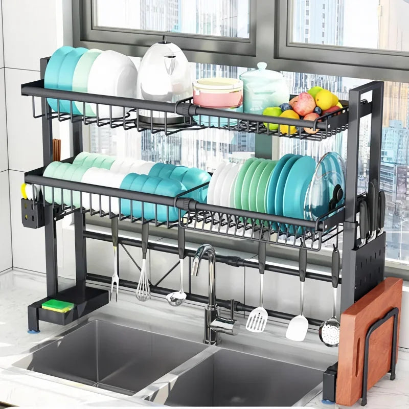 3-Layer Stainless Steel Bowl and Dish Drying Rack Above Sink - Space-Saving Kitchen Shelf with Full 304 Drainage Pipe