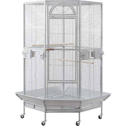 Corner Bird Cage for Cockatiel Parakeet Black and White (White Vein)