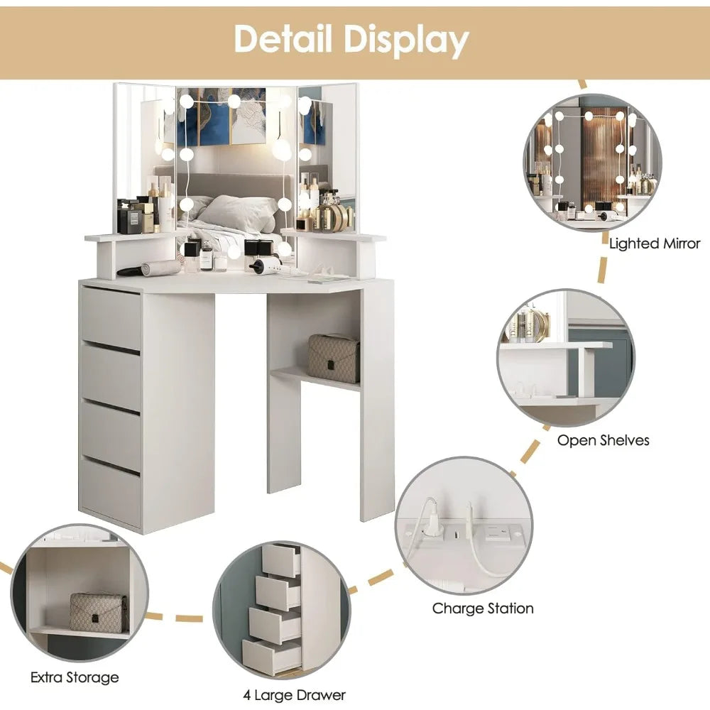 Vanity, 42 Inch Corner Vanity Mirror with Lights and 4 Drawer, 3 Lighting Modes, Corner Desk with Lighted Mirror & Power Strip