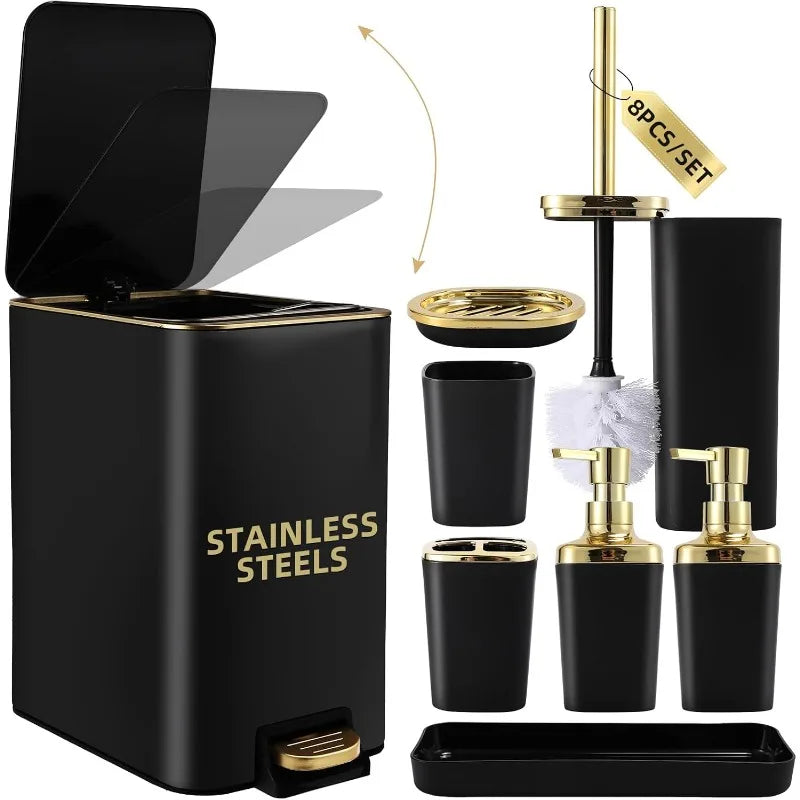 Black Bathroom Accessories Set 8 Piece Black and Gold