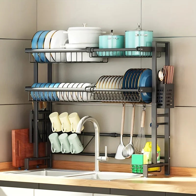 3-Layer Stainless Steel Bowl and Dish Drying Rack Above Sink - Space-Saving Kitchen Shelf with Full 304 Drainage Pipe