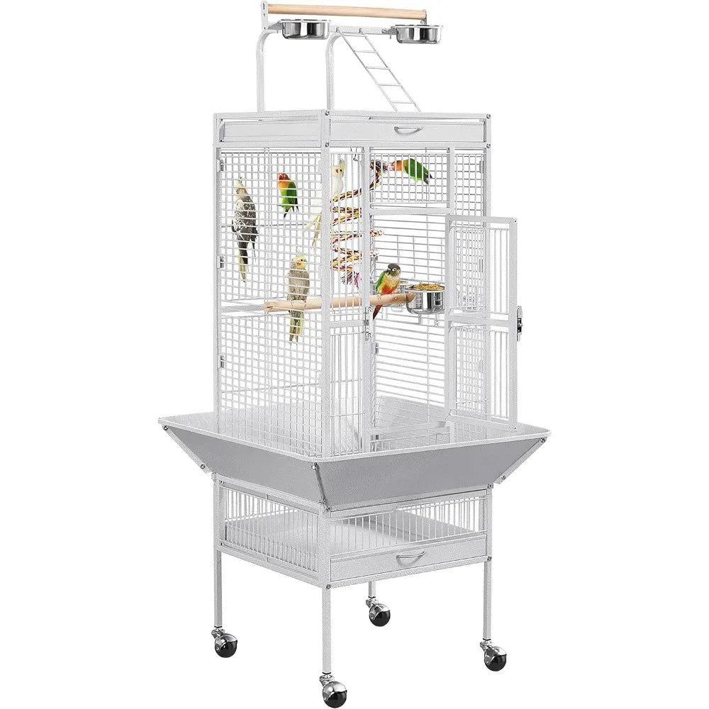 Wrought Iron Bird Cages, Play Top Large Aviary with Stand for Cockatiel Parrot Sun Parakeet Conures Finch, 61-inch