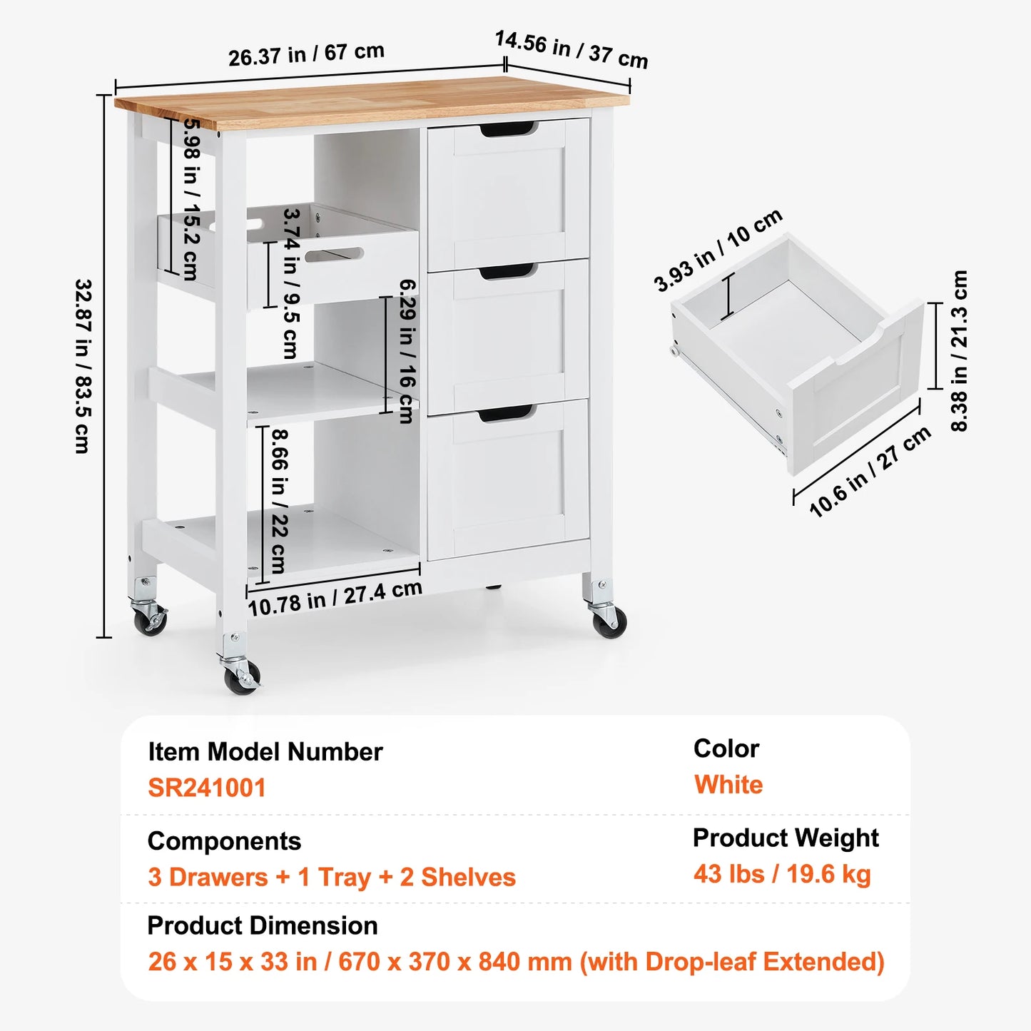 Mobile Breakfast Bar Drawers and Shelves Portable Island on Wheels