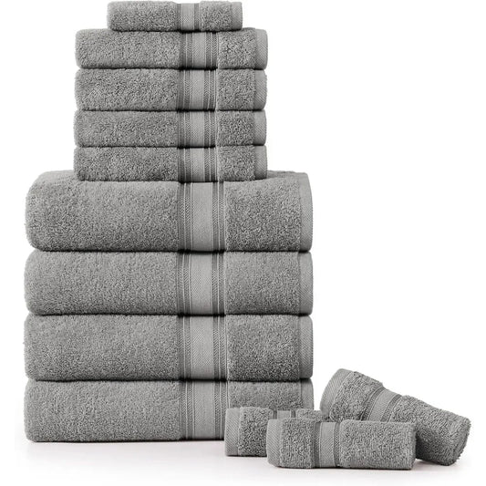 Quick Dry & Strong Absorbent, 12 Piece Bath Towel Set 100% Cotton, Soft, 4 Bath Towels, 4 Hand Towels and 4 Washclothhttps: