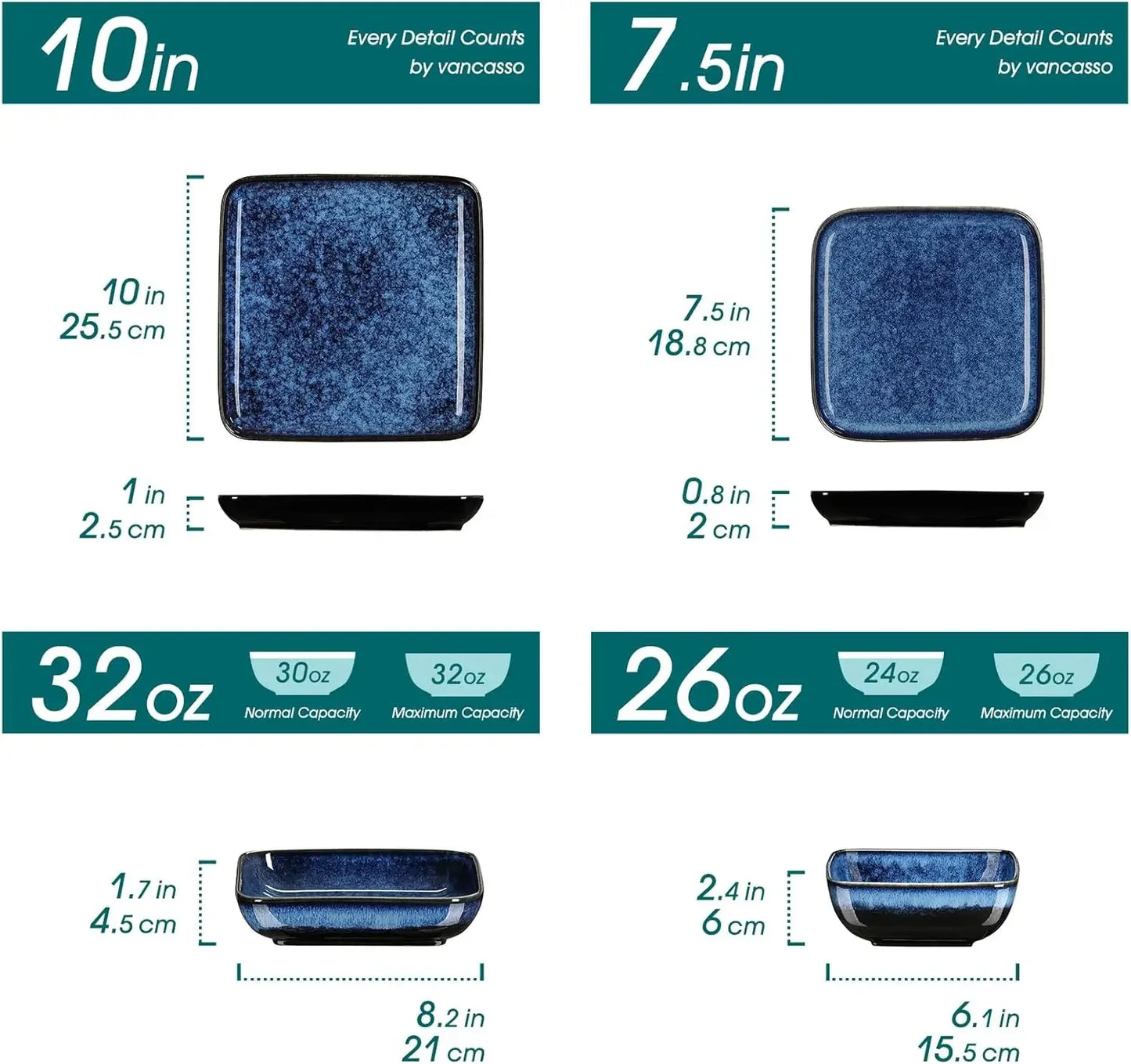 Blue Dinner Set Square Reactive Glaze Tableware 16 Pieces Kitchen Dinnerware