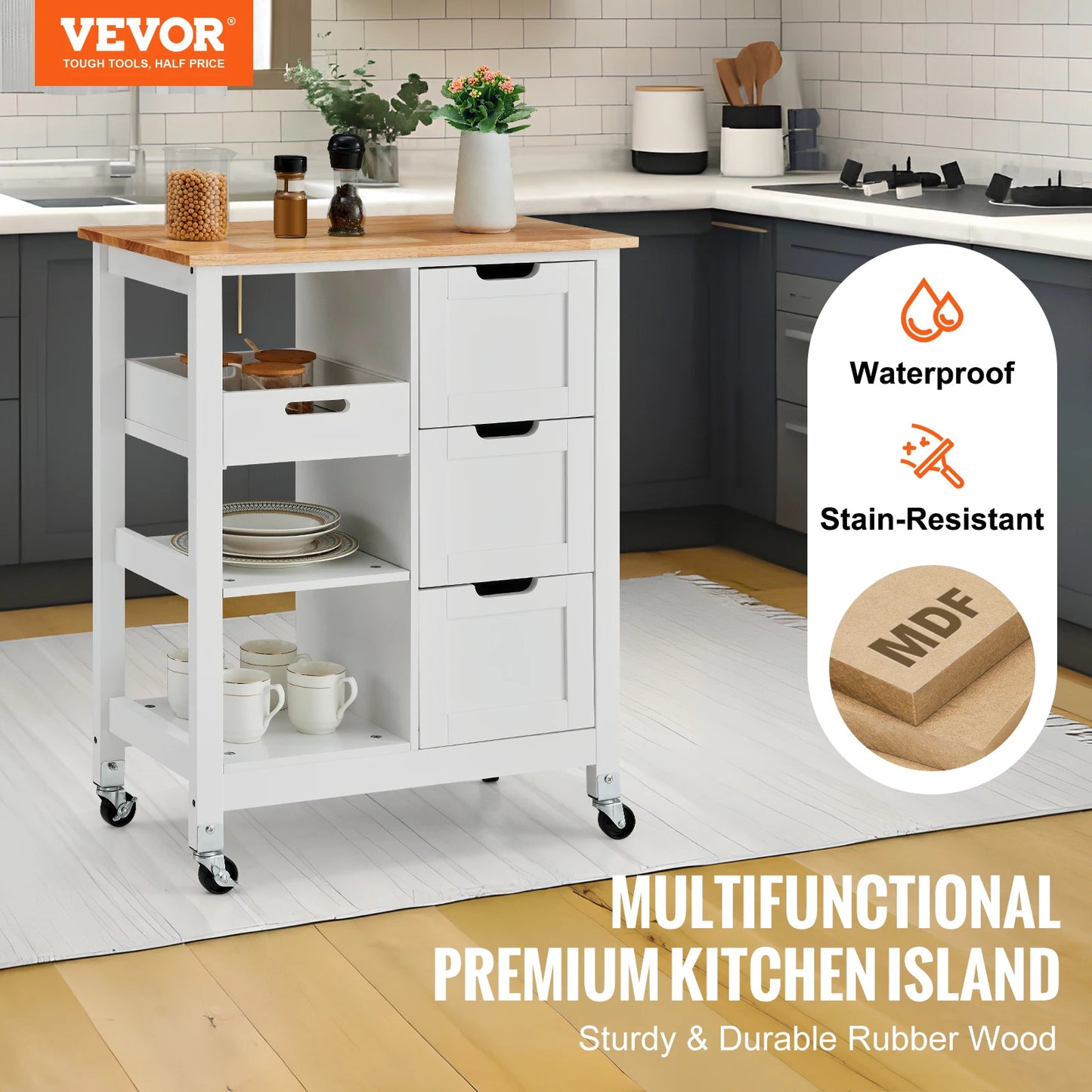 Mobile Breakfast Bar Drawers and Shelves Portable Island on Wheels