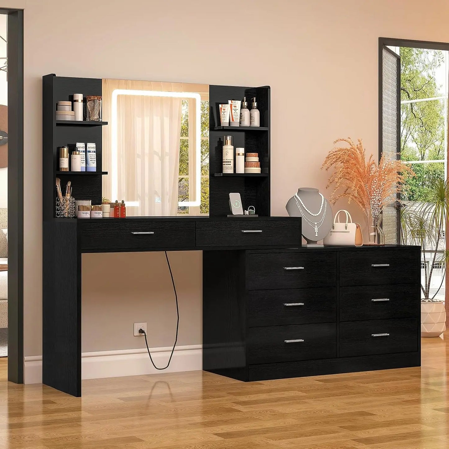 Dressers.Vanity Makeup Desk with LED Light Mirror & Power Outlet, 8 Drawers, 6 Storage Shelves,