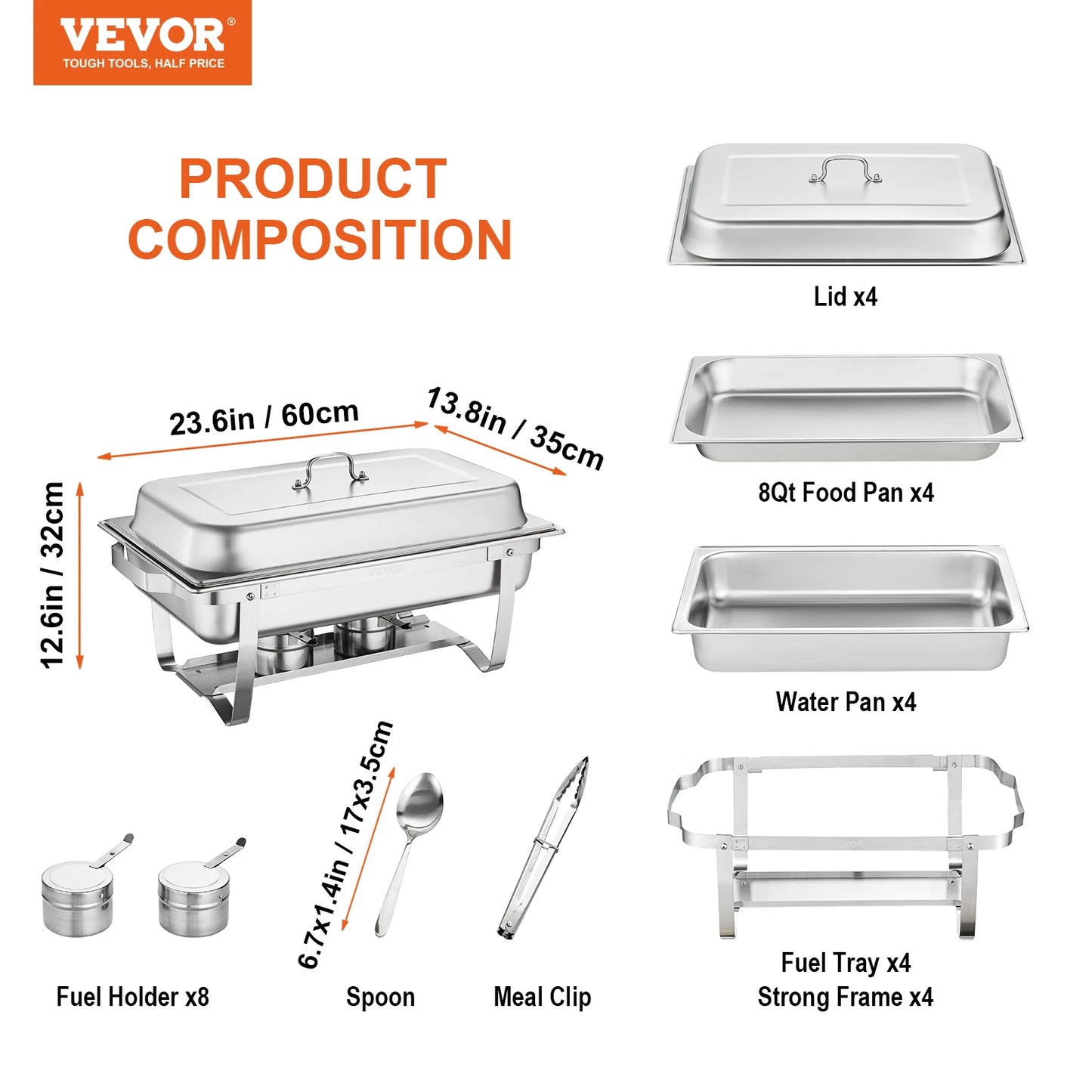 VEVOR Chafing Dish Buffet Set 4 Packs 8 Quart Stainless Steel Rectangular Chafing Full Size Food Pan Chafing Servers With Cover