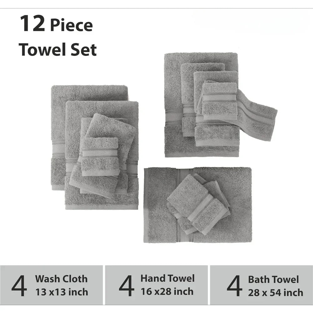 Quick Dry & Strong Absorbent, 12 Piece Bath Towel Set 100% Cotton, Soft, 4 Bath Towels, 4 Hand Towels and 4 Washclothhttps: