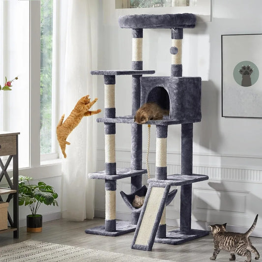 Large Multi-Level Cat Tree, 63 Inches Tall with Sisal-Covered Scratching Posts, Condo, Hammock, Dangling Ball, and Extended