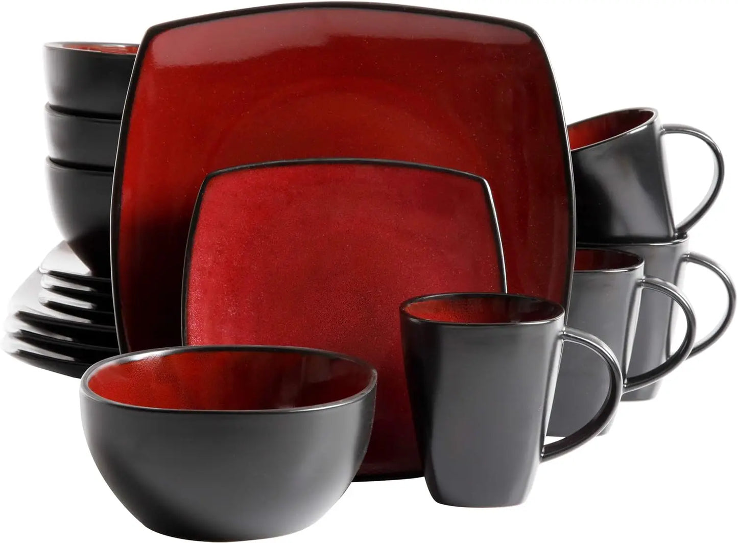 Gibson Soho Lounge Square Reactive Glaze Dinnerware Set, Red, Service for 4 (16pcs)