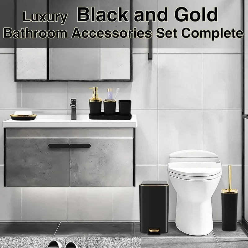 Black Bathroom Accessories Set 8 Piece Black and Gold