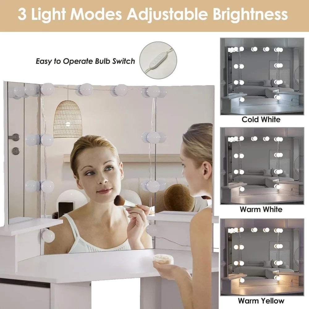 Vanity, 42 Inch Corner Vanity Mirror with Lights and 4 Drawer, 3 Lighting Modes, Corner Desk with Lighted Mirror & Power Strip