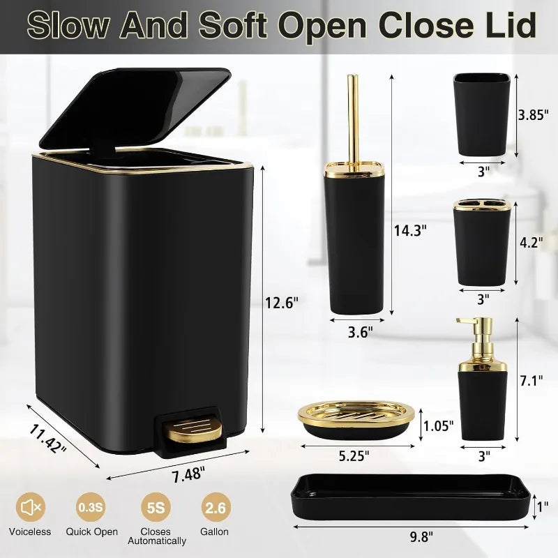 Black Bathroom Accessories Set 8 Piece Black and Gold