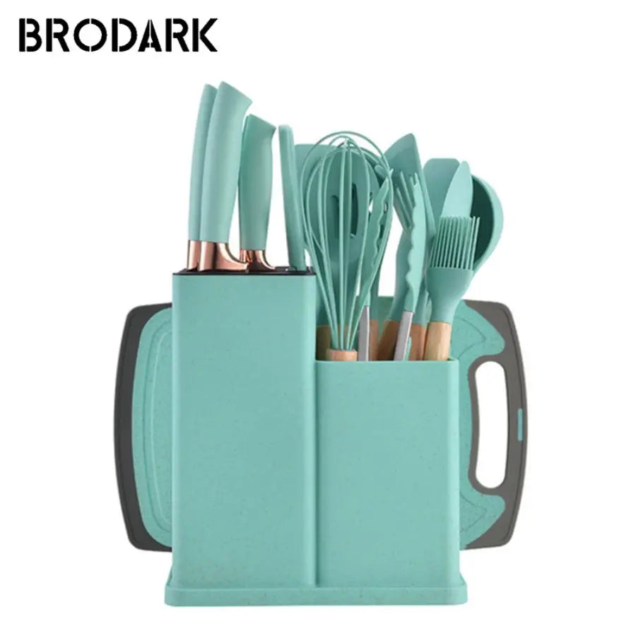 19pcs Food Grade Silicone Brodark Kitchenware Set, Cooking Spoon, Shovel, Cutting Board knives