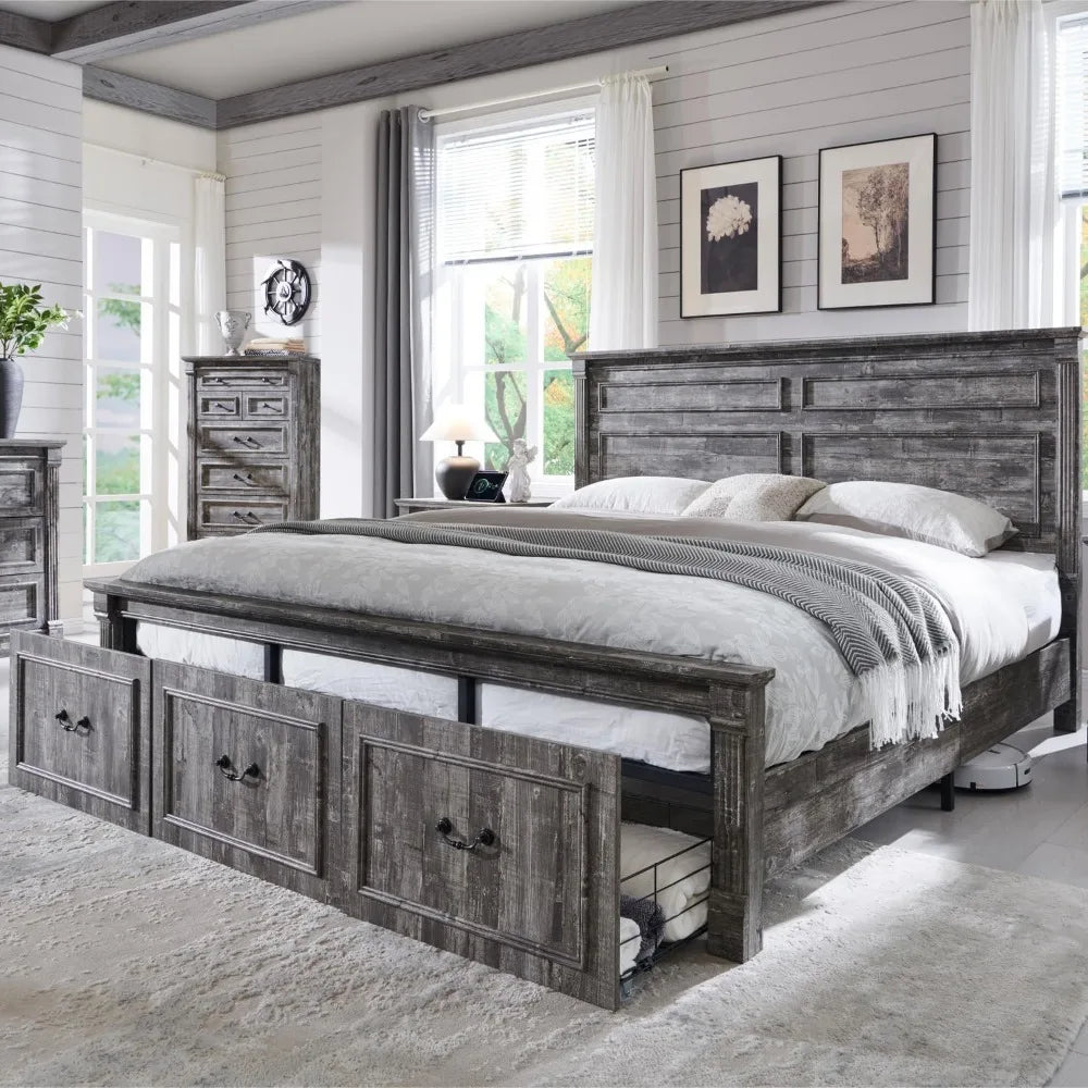 Queen Size Bed Frame with 51" Tall Headboard, Wood Platform Bed Frame