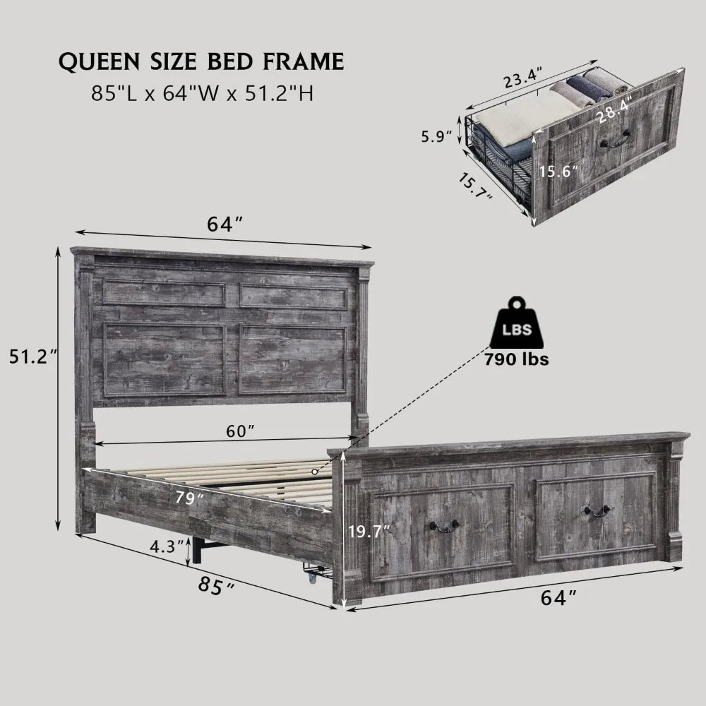 Queen Size Bed Frame with 51" Tall Headboard, Wood Platform Bed Frame