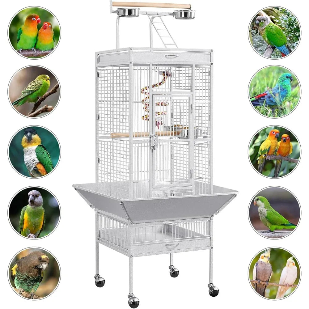 Wrought Iron Bird Cages, Play Top Large Aviary with Stand for Cockatiel Parrot Sun Parakeet Conures Finch, 61-inch