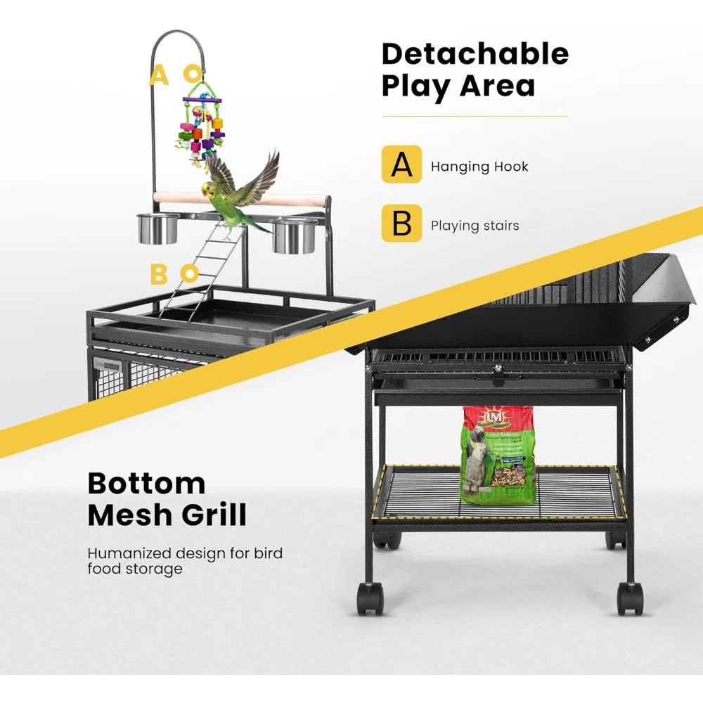 72 Inch Wrought Iron Large Bird Cage with Play Top and Stand for Parrots Lovebird