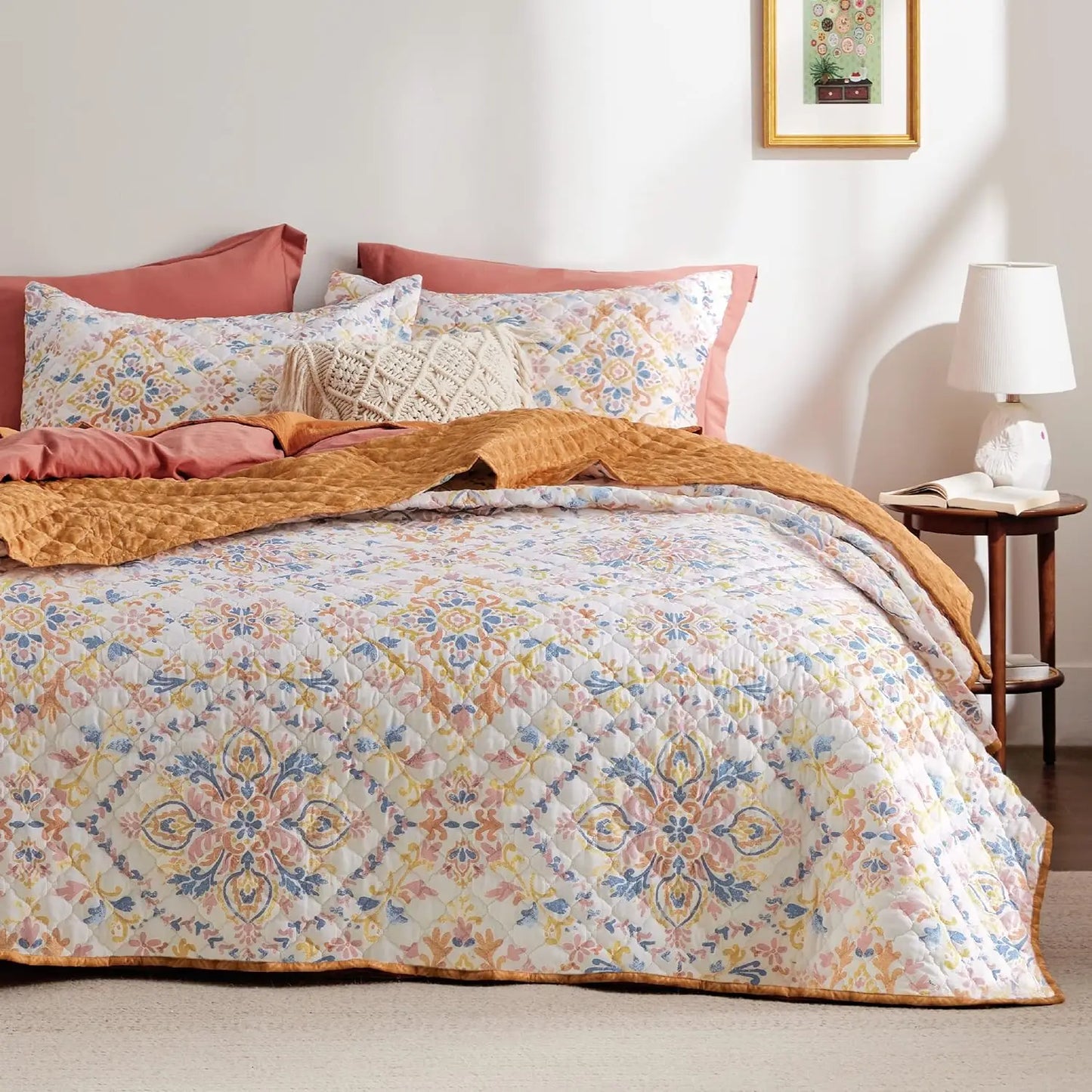 Bedsure Floral Quilt Set Queen - Reversible Blue & White Quilt Bedding Set, Daisy Design Bedspread