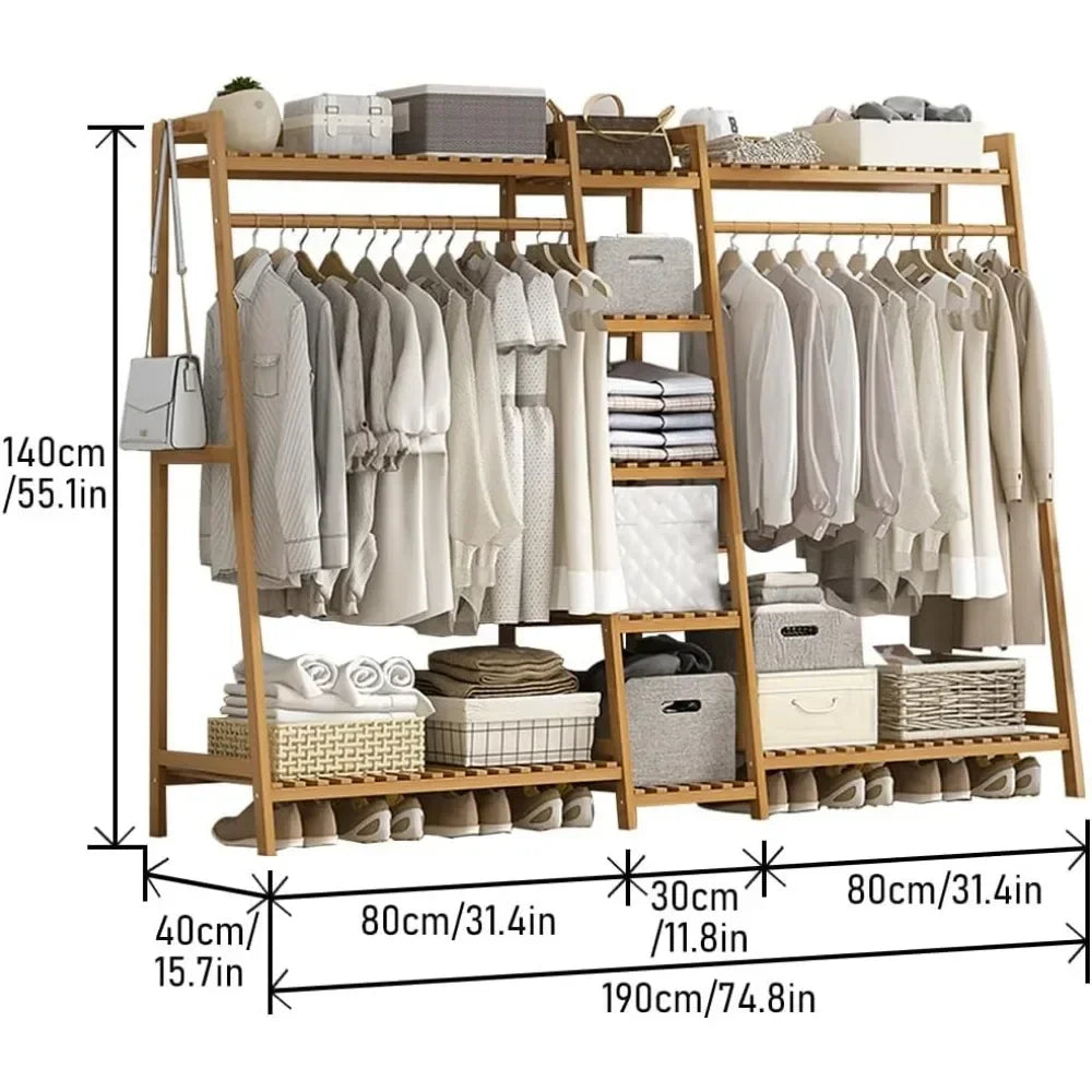 Bamboo Garment Rack 9 Tier Closet Clothes Organizer Wardrobe