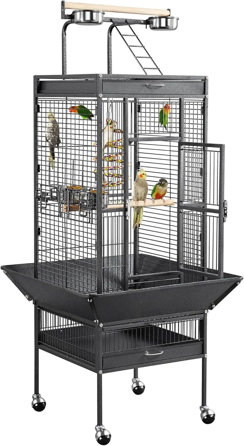 Wrought Iron Bird Cages, Play Top Large Aviary with Stand for Cockatiel Parrot Sun Parakeet Conures Finch, 61-inch