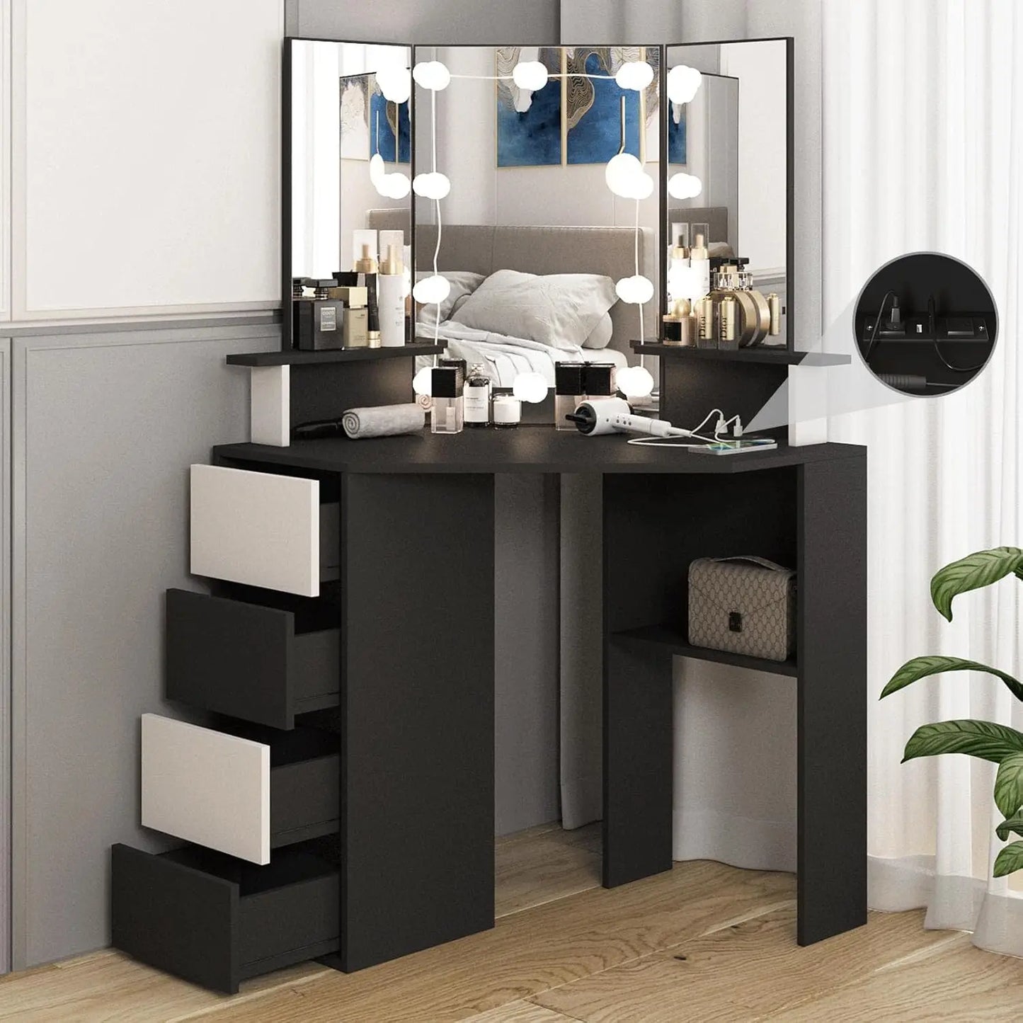 Vanity, 42 Inch Corner Vanity Mirror with Lights and 4 Drawer, 3 Lighting Modes, Corner Desk with Lighted Mirror & Power Strip