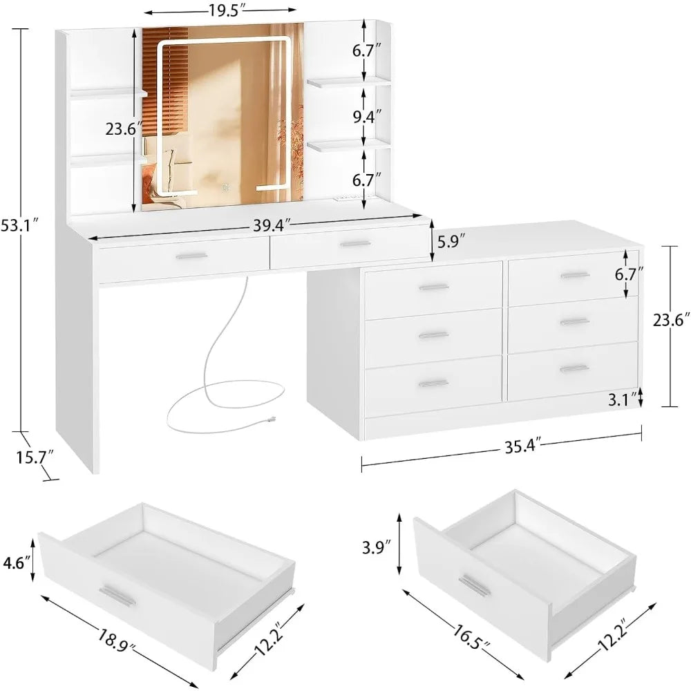 Dressers.Vanity Makeup Desk with LED Light Mirror & Power Outlet, 8 Drawers, 6 Storage Shelves,