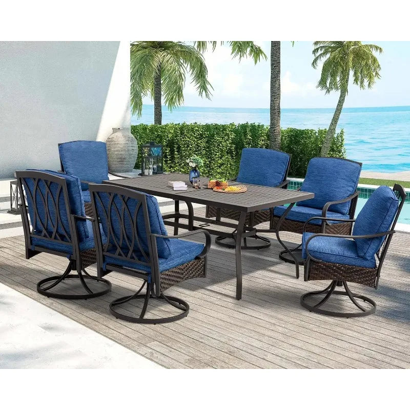 Patio Dining  Umbrella Hole and Wicker Swivel Chairs