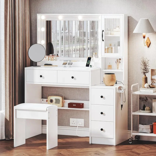 White Vanity Table with Drawer Dresser,Farmhouse Vanity Makeup Desk with Charging Station,